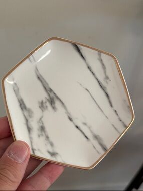 Hexagon Marble Like Ceramic Trinket Dish with Gold Rim